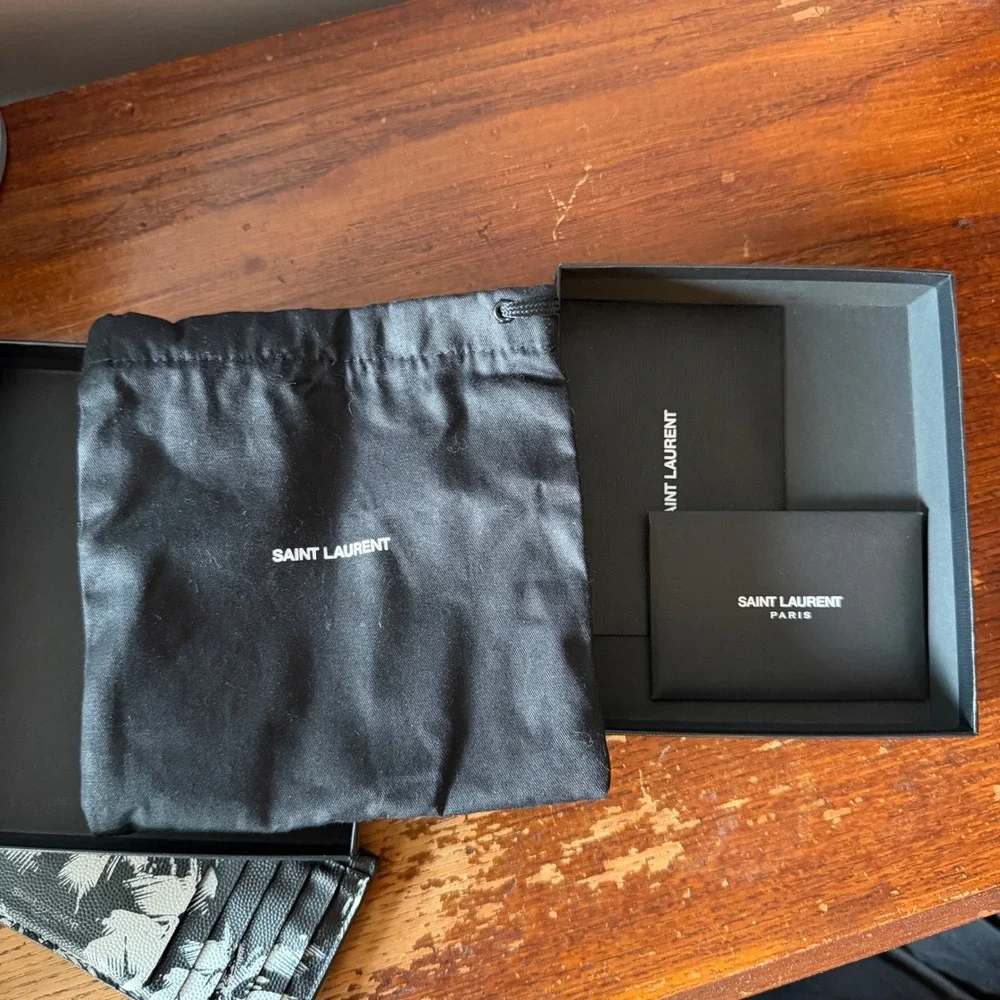 Saint Laurent Palm Tree Print Leather Card Case Wallet Black White Zipped